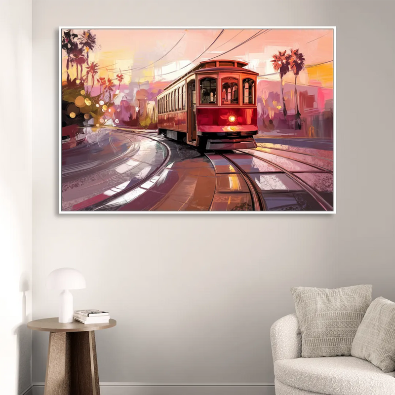 San Diego Trolley At Sunset Sitting Room - White Canvas Wall Art