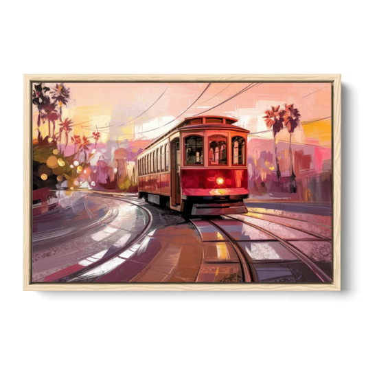 San Diego Trolley At Sunset - Oak Framed Canvas Wall Art - Front