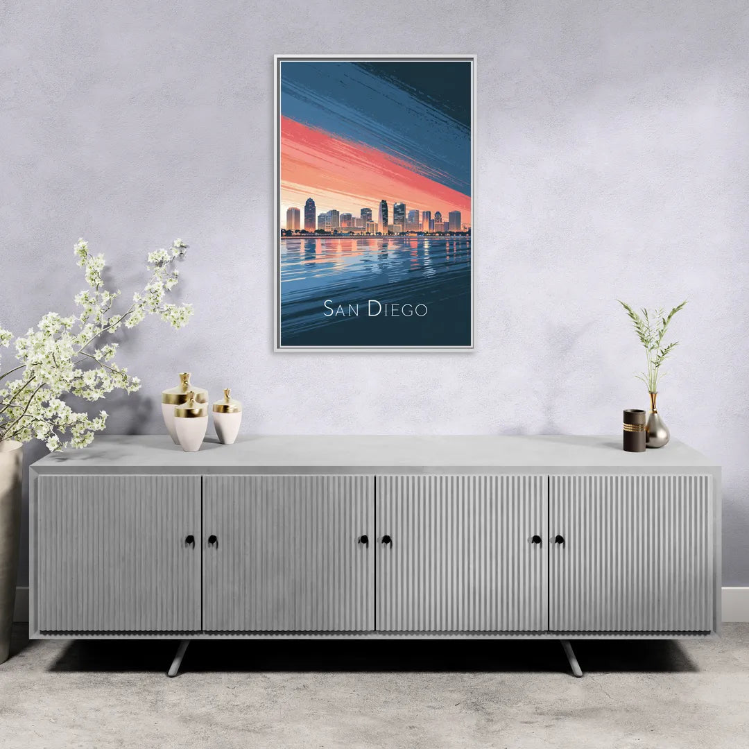 San Diego Urban Skyline - Living Room White Frame Canvas