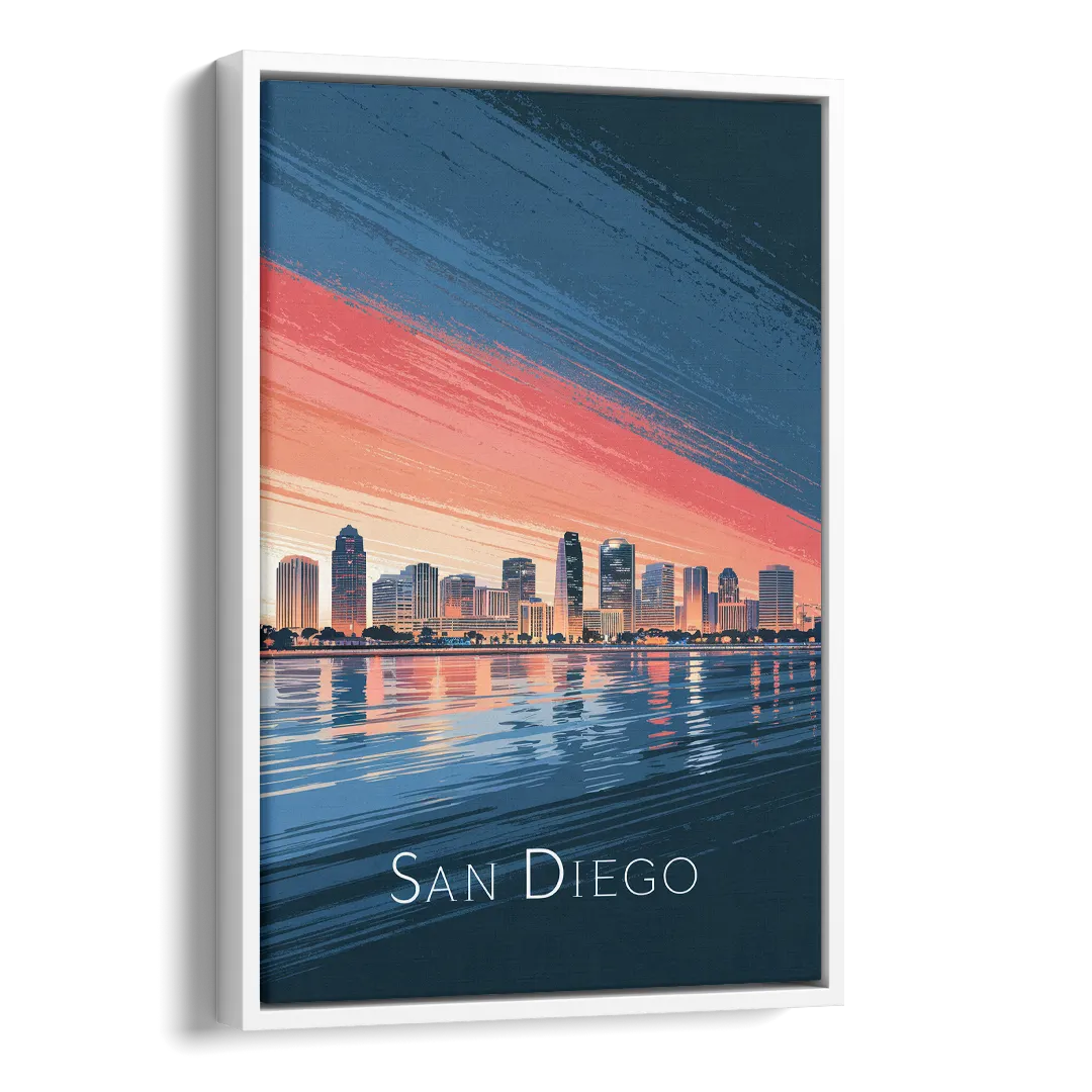 San Diego Urban Skyline Side - White Canvas Wall Art