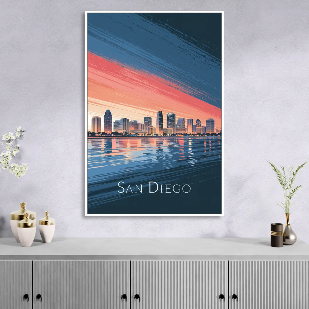 San Diego Urban Skyline Living Room - White Canvas Wall Art