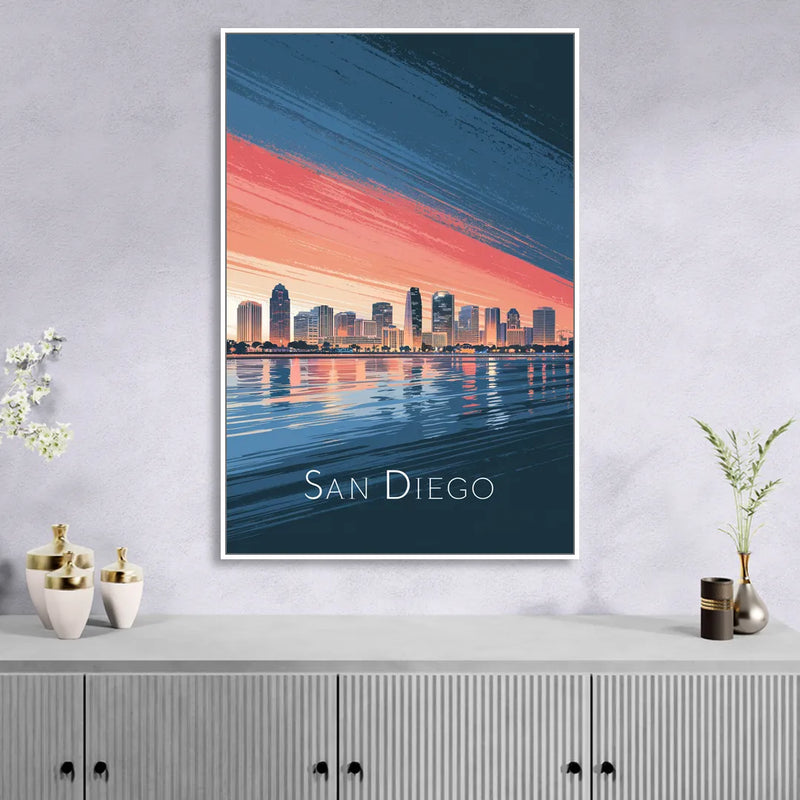 San Diego Urban Skyline Living Room - White Canvas Wall Art