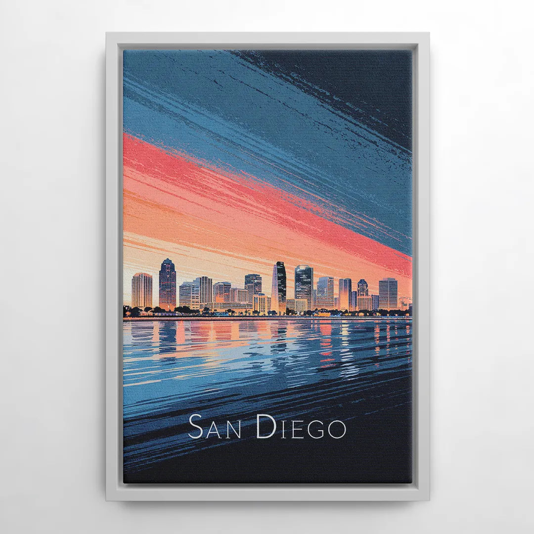 San Diego Urban Skyline - White Frame Canvas