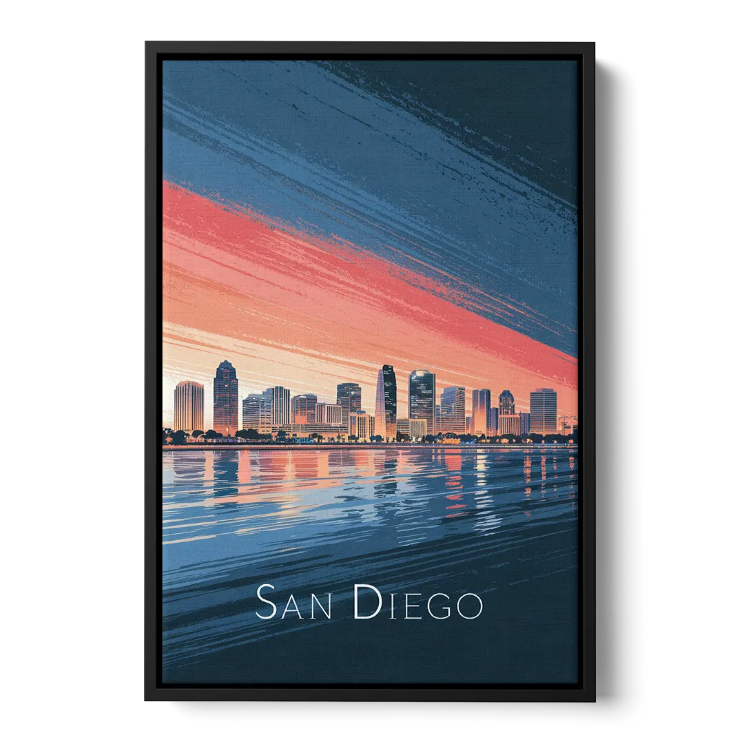 San Diego Urban Skyline Front - Black Canvas Wall Art