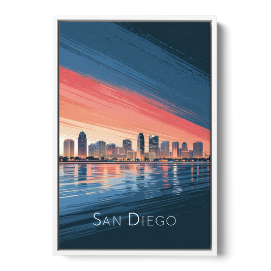 San Diego Urban Skyline - White Framed Canvas Wall Art - Front