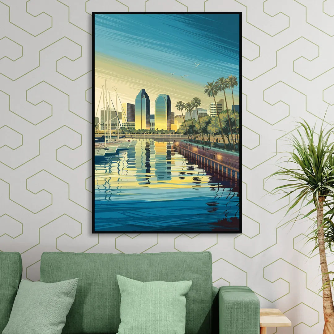 San Diego Waterfront Serenity Living Room - Black Canvas Wall Art