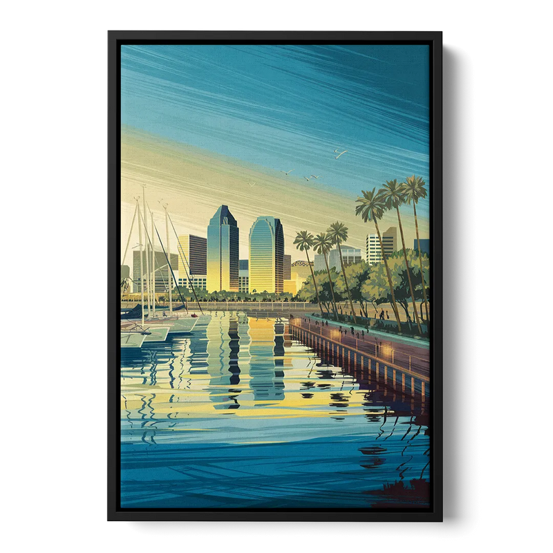 San Diego Waterfront Serenity Front - Black Canvas Wall Art