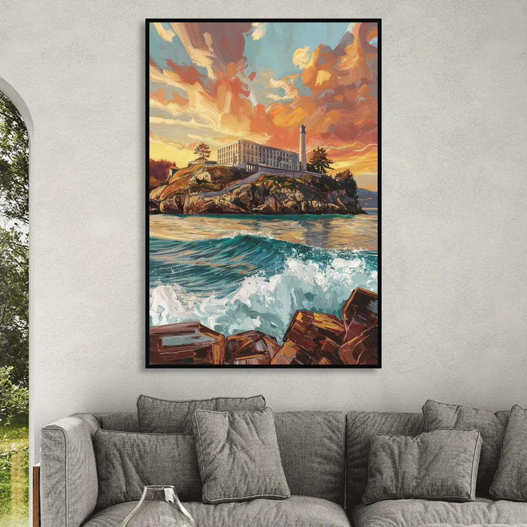 San Francisco Alcatraz Island Living Room - Black Canvas Wall Art