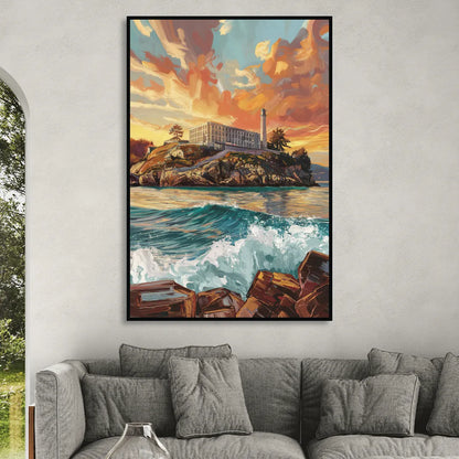 San Francisco Alcatraz Island Living Room - Black Canvas Wall Art