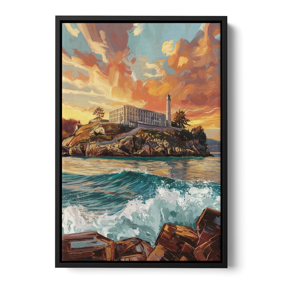 San Francisco Alcatraz Island Front - Black Canvas Wall Art