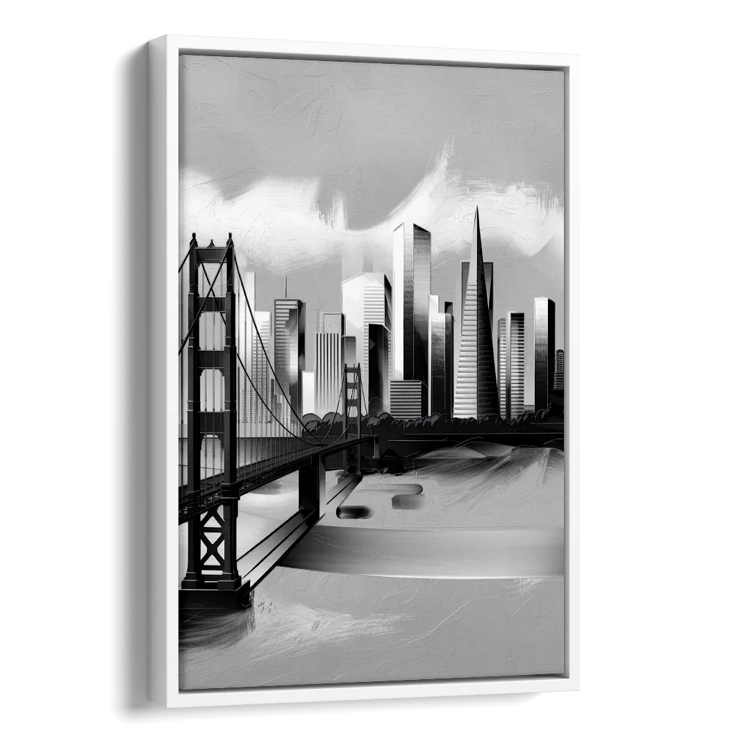 San Francisco Black and White Skyline Side - White Canvas Wall Art