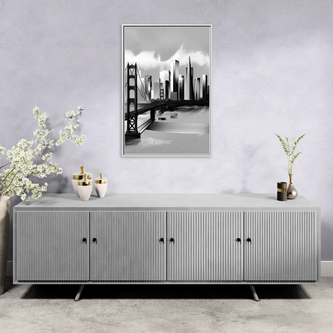 San Francisco Black and White Skyline - Living Room White Frame Canvas