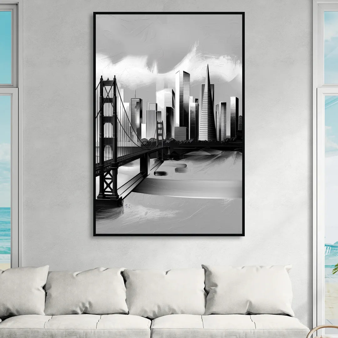 San Francisco Black and White Skyline Sitting Room - Black Canvas Wall Art