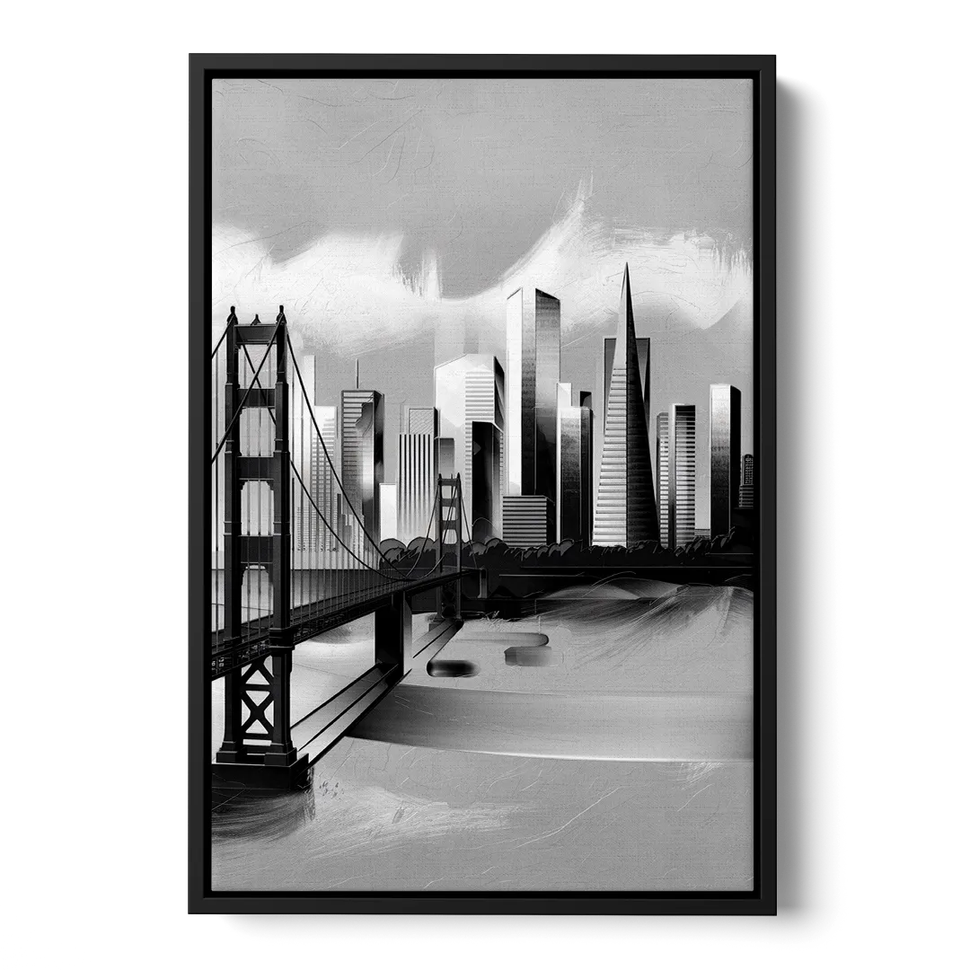 San Francisco Black and White Skyline Front - Black Canvas Wall Art