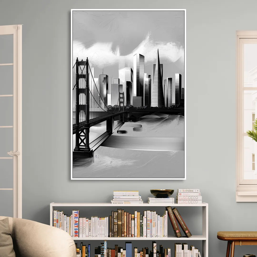 San Francisco Black and White Skyline Living Room - White Canvas Wall Art