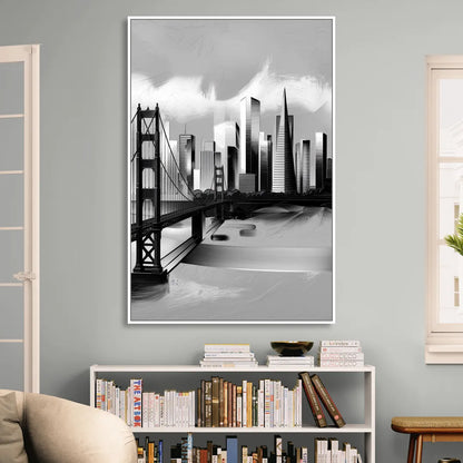 San Francisco Black and White Skyline Living Room - White Canvas Wall Art