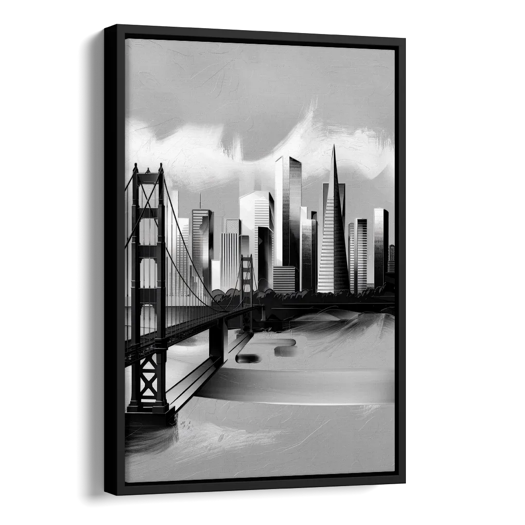 San Francisco Black and White Skyline Side - Black Canvas Wall Art
