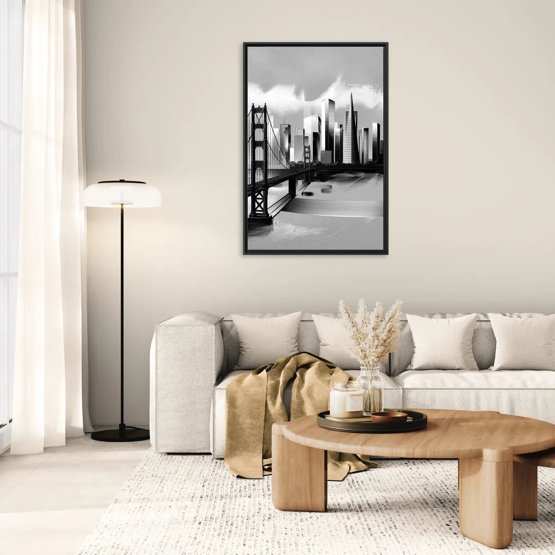San Francisco Black and White Skyline - Living Room Black Frame Canvas
