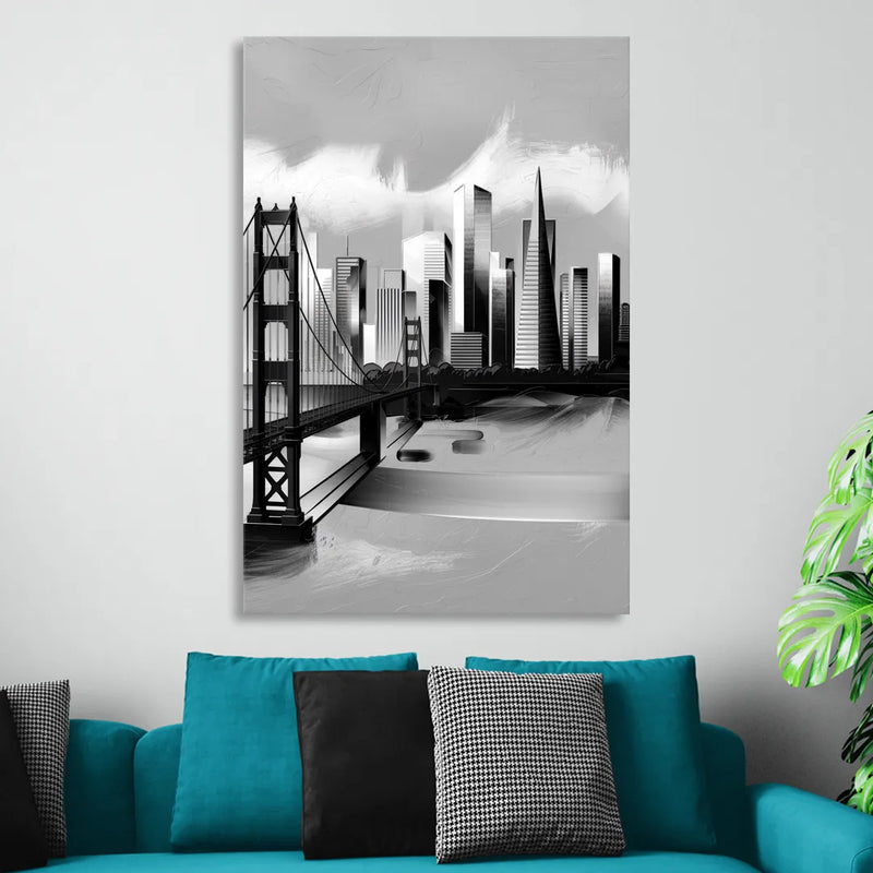 San Francisco Black and White Skyline Living Room - Canvas Wall Art