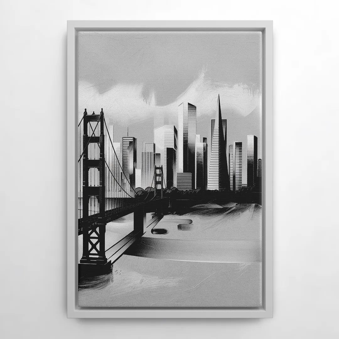San Francisco Black and White Skyline - White Frame Canvas