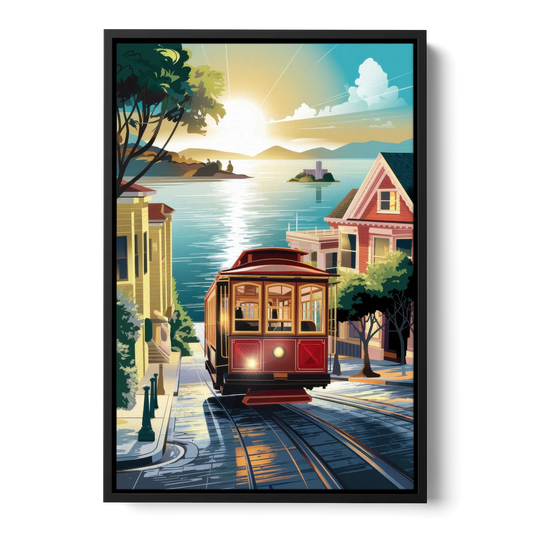San Francisco Cable Car Journey - Black Framed Canvas Wall Art - Front