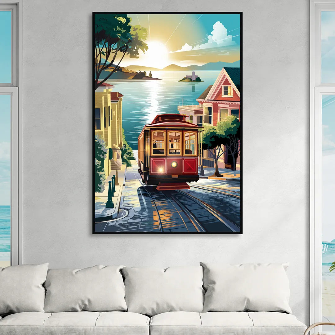 San Francisco Cable Car Journey Living Room - Black Canvas Wall Art