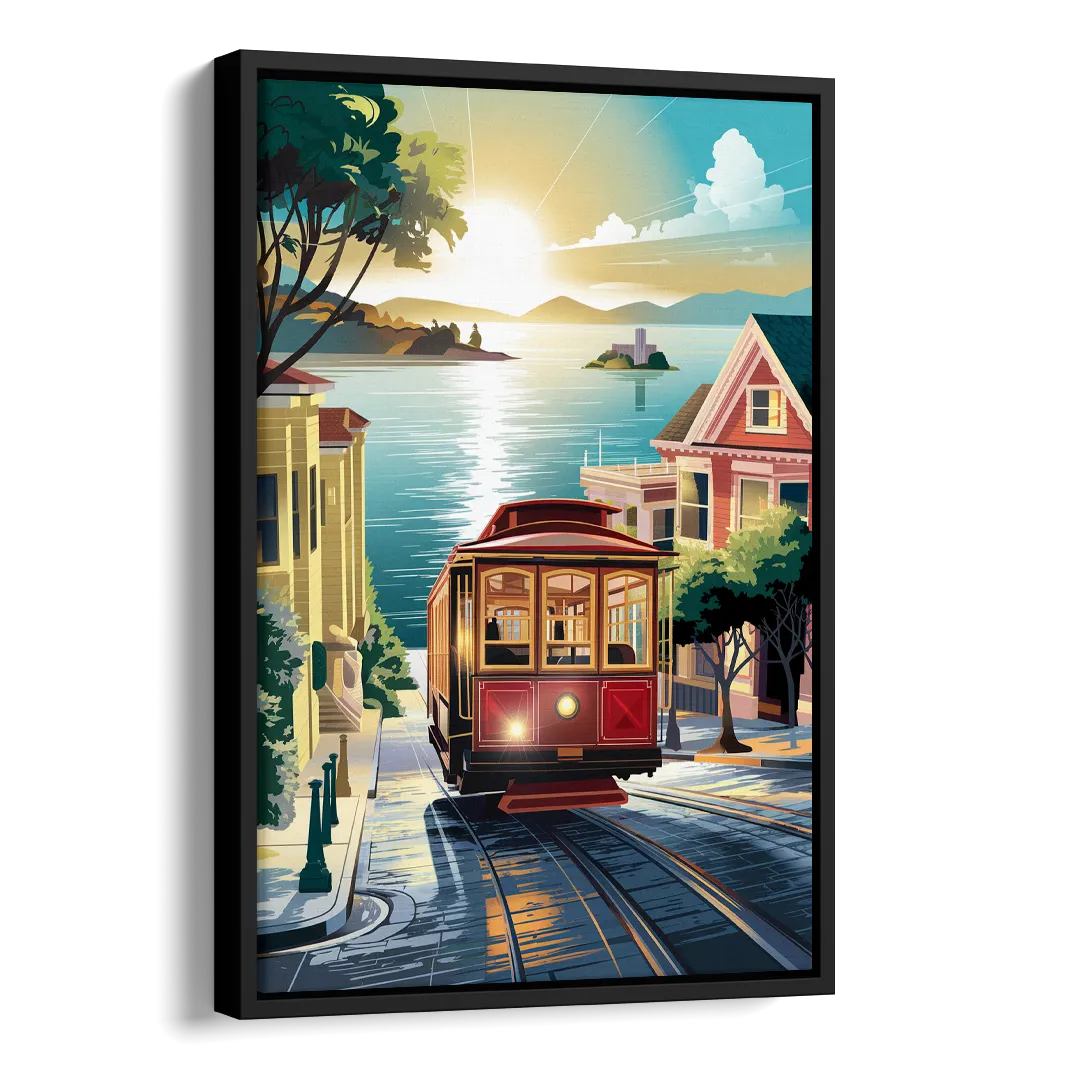 San Francisco Cable Car Journey Side - Black Canvas Wall Art