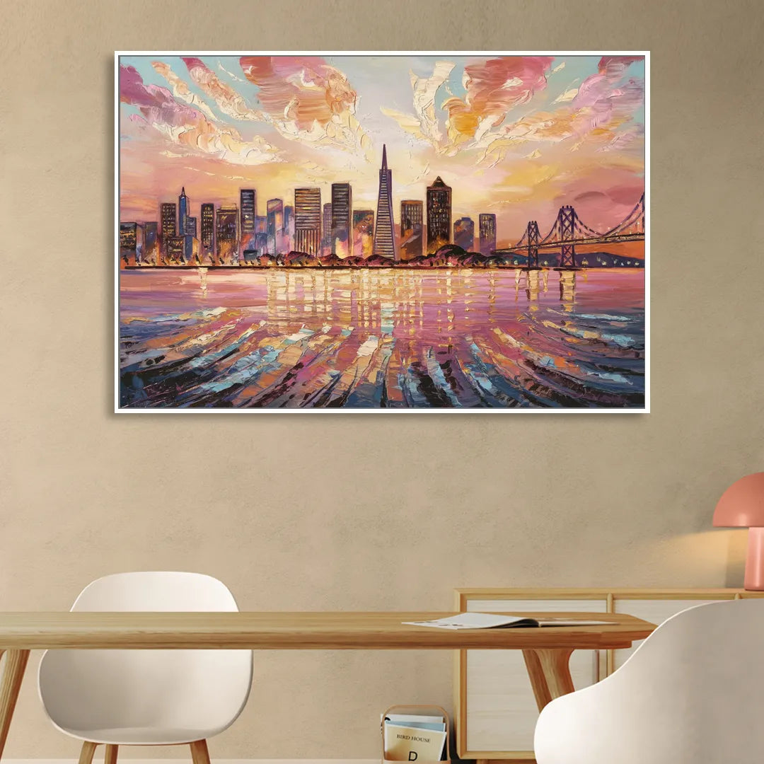 San Francisco Cityscape At Dawn Living Room - White Canvas Wall Art