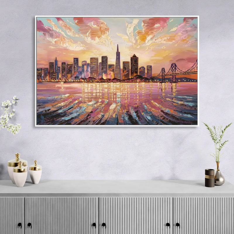 San Francisco Cityscape At Dawn Sitting Room - White Canvas Wall Art
