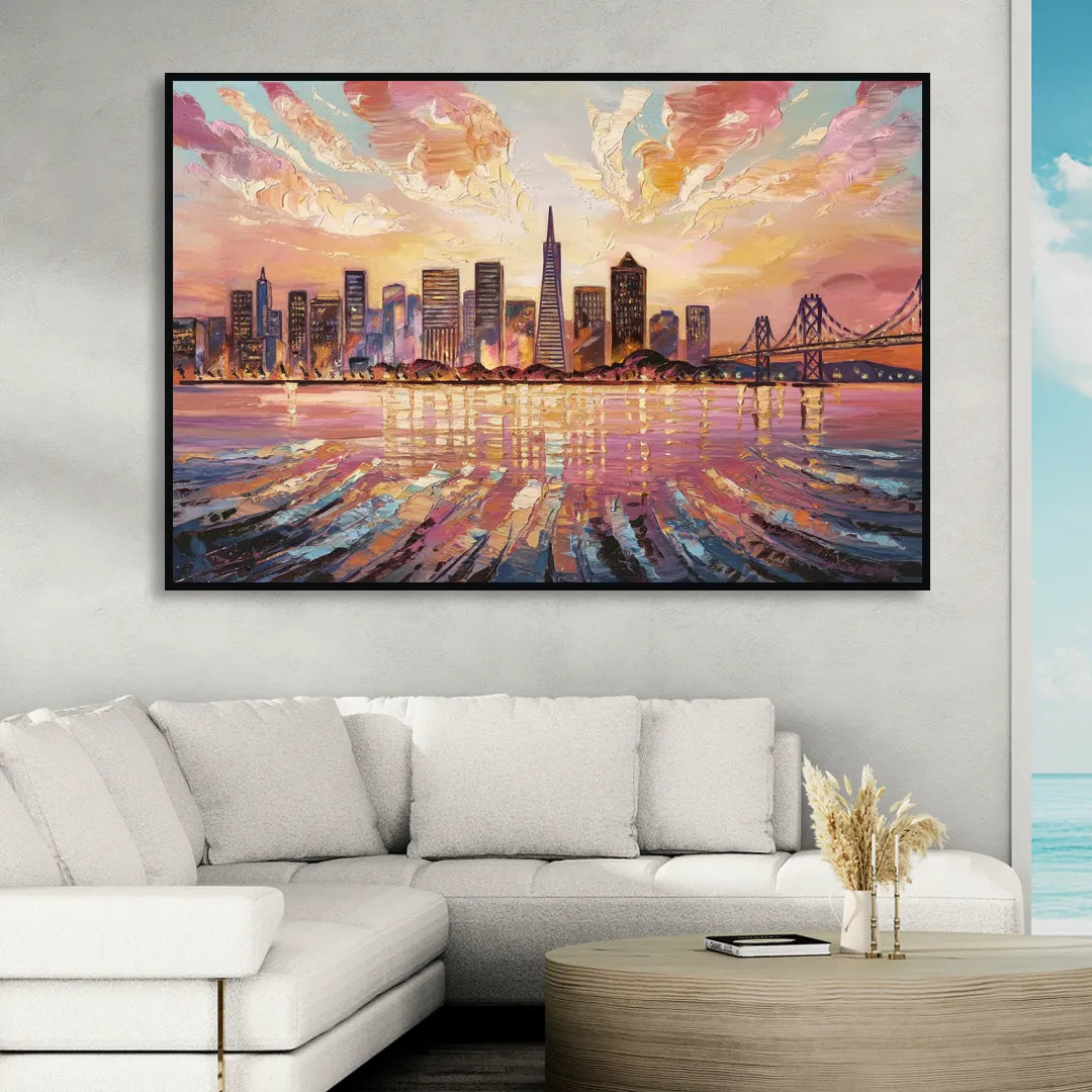 San Francisco Cityscape At Dawn Living Room - Black Canvas Wall Art
