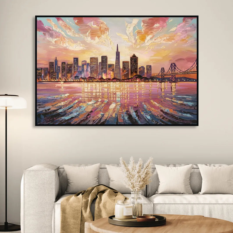 San Francisco Cityscape At Dawn Sitting Room - Black Canvas Wall Art