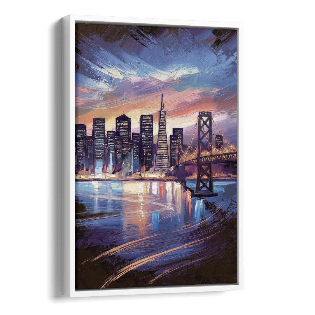 San Francisco Downtown Lights Side - White Canvas Wall Art