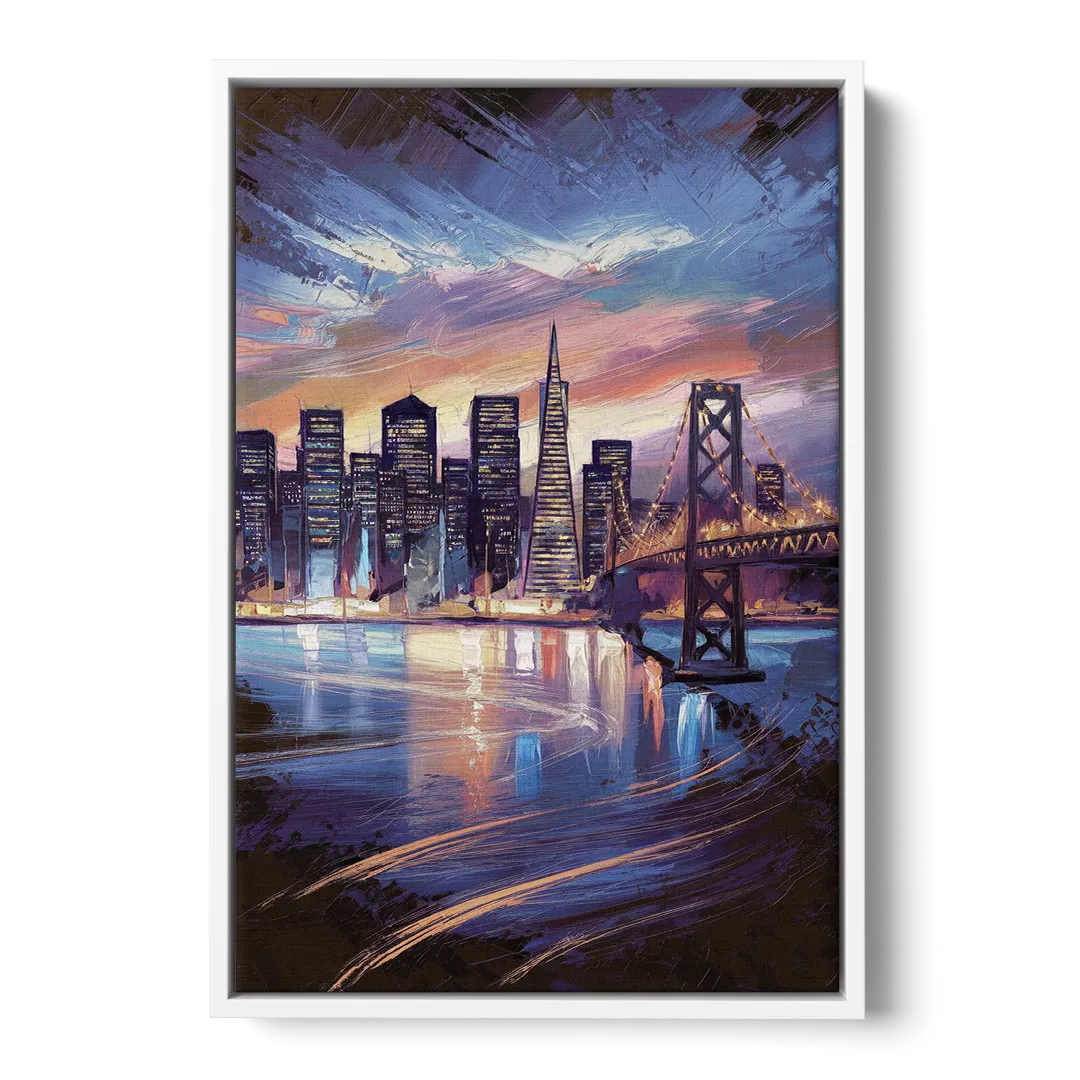 San Francisco Downtown Lights Front - White Canvas Wall Art