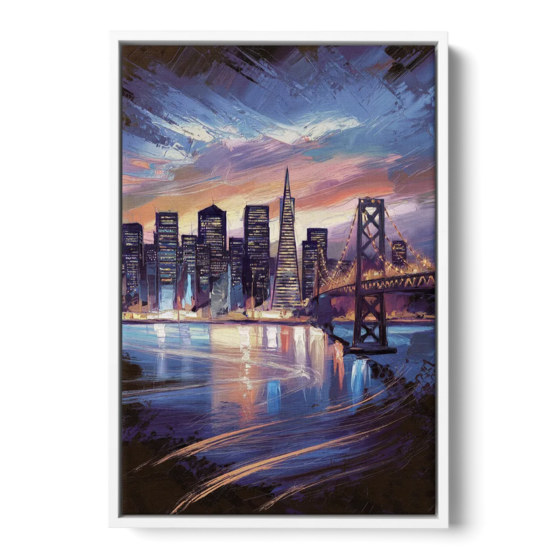 San Francisco Downtown Lights Front - White Canvas Wall Art