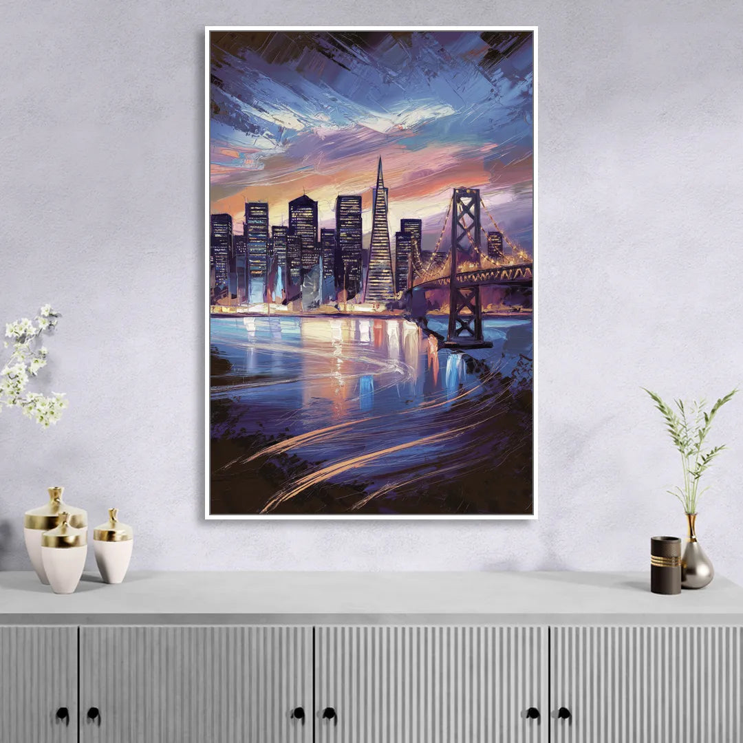 San Francisco Downtown Lights Living Room - White Canvas Wall Art