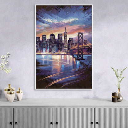 San Francisco Downtown Lights Living Room - White Canvas Wall Art