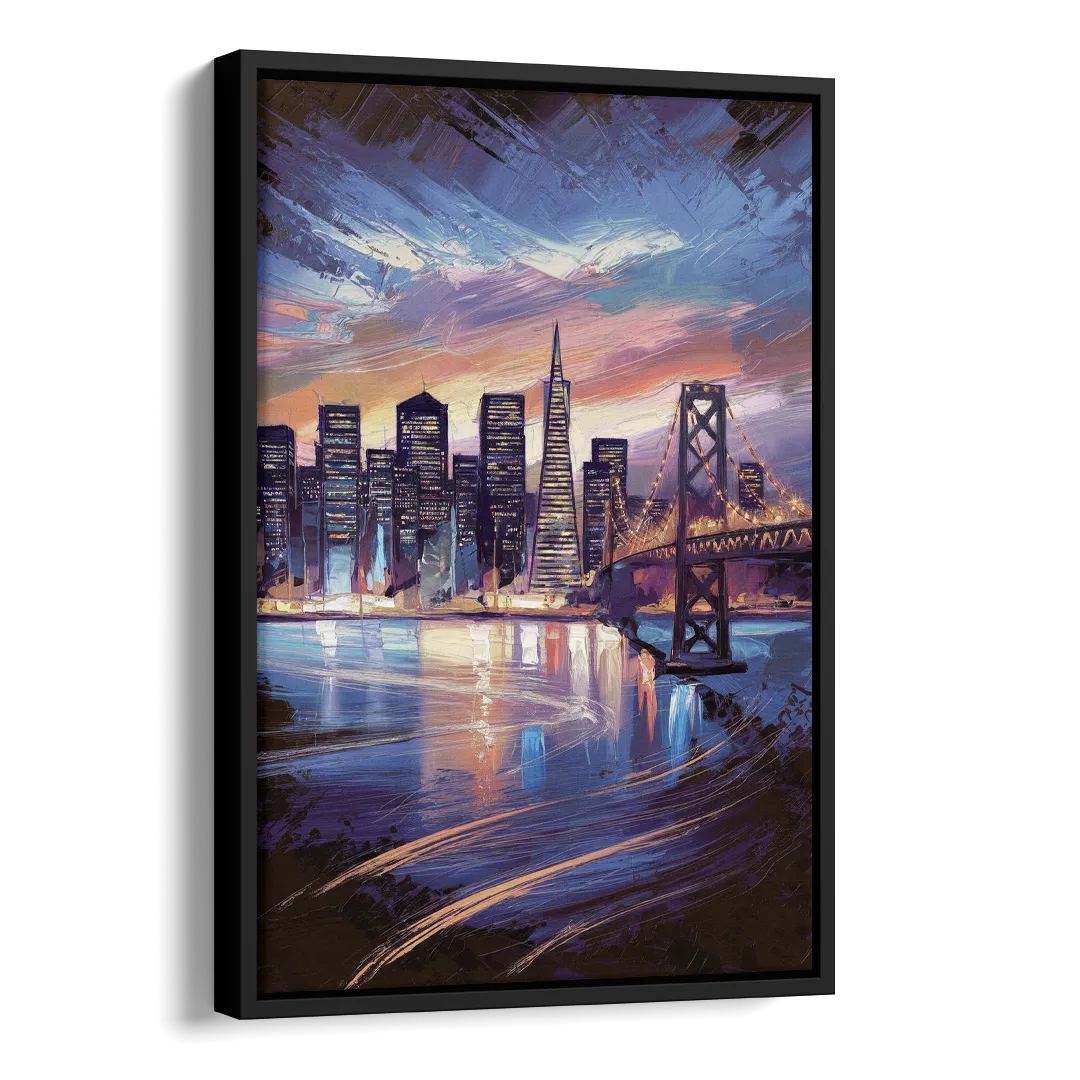 San Francisco Downtown Lights Side - Black Canvas Wall Art