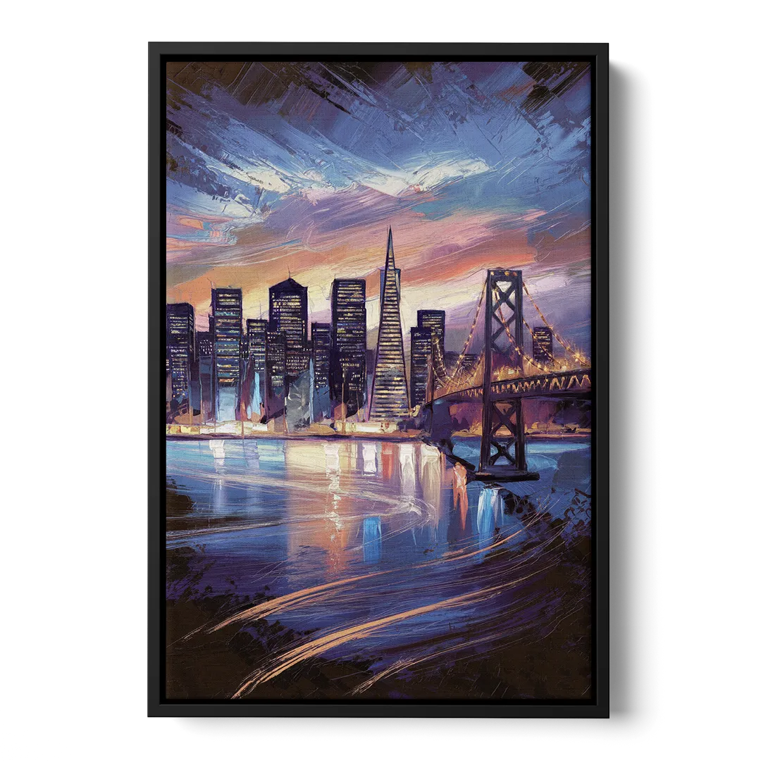San Francisco Downtown Lights Front - Black Canvas Wall Art