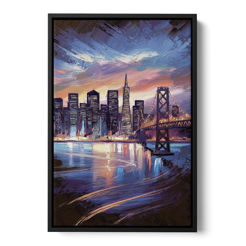 San Francisco Downtown Lights Front - Black Canvas Wall Art