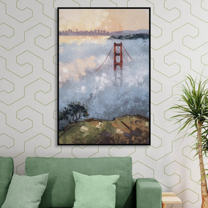 San Francisco Foggy Morning Living Room - Black Canvas Wall Art