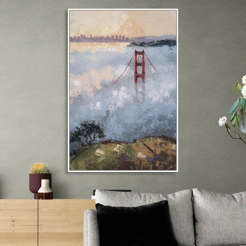 San Francisco Foggy Morning Living Room - White Canvas Wall Art