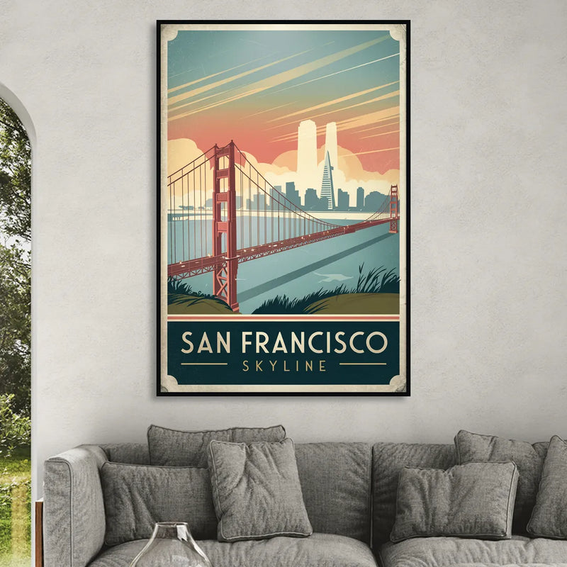 San Francisco Golden Gate Bridge Skyline Living Room - Black Canvas Wall Art