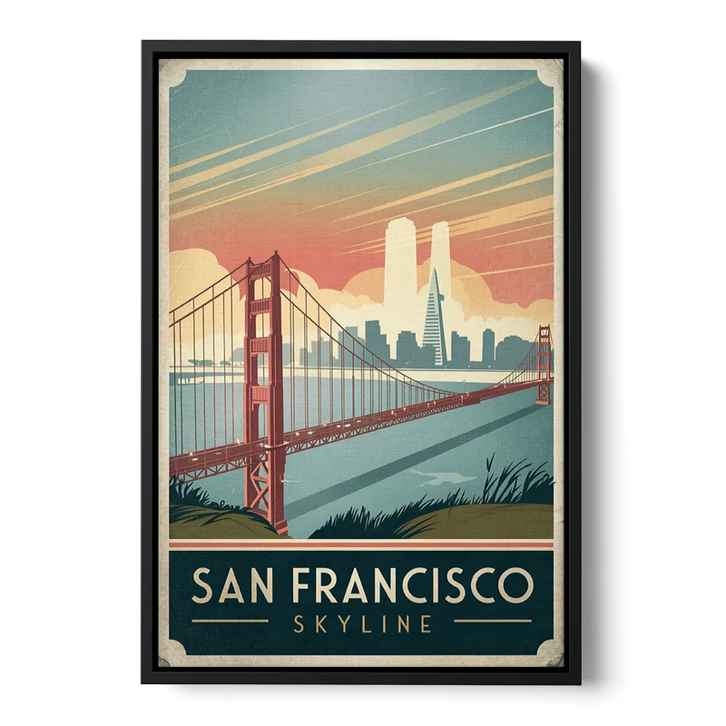 San Francisco Golden Gate Bridge Skyline Front - Black Canvas Wall Art