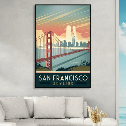 San Francisco Golden Gate Bridge Skyline Living Room - Black Canvas Wall Art