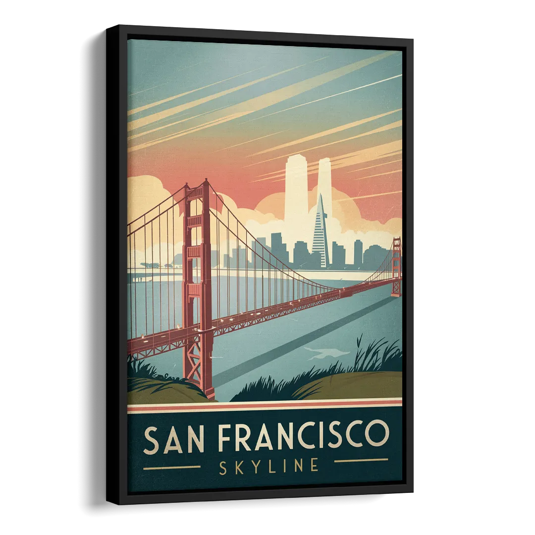 San Francisco Golden Gate Bridge Skyline Side - Black Canvas Wall Art