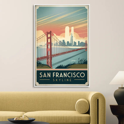 San Francisco Golden Gate Bridge Skyline Living Room - White Canvas Wall Art