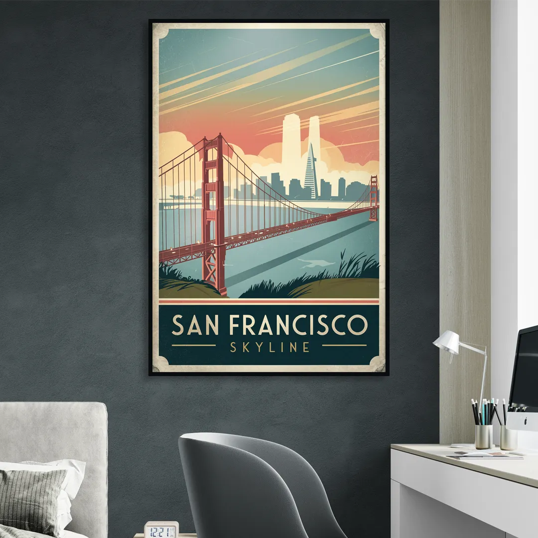 San Francisco Golden Gate Bridge Skyline Sitting Room - Black Canvas Wall Art