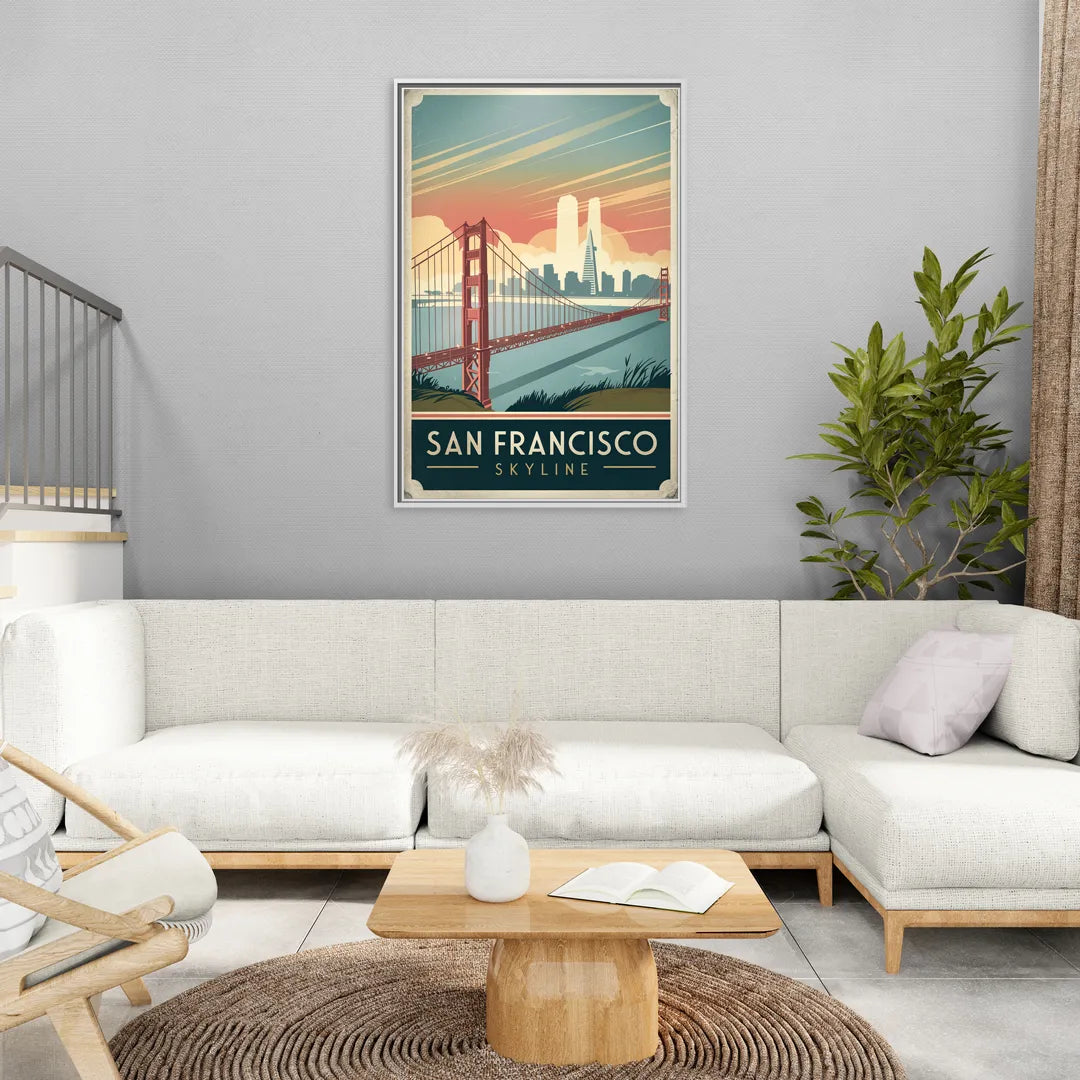 San Francisco Golden Gate Bridge Skyline - Living Room White Frame Canvas