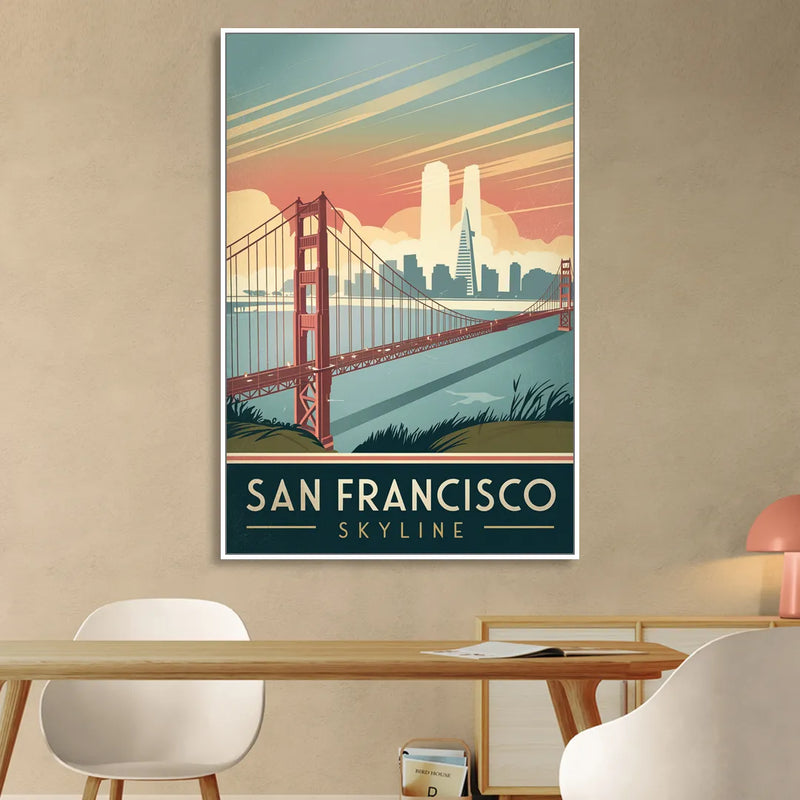 San Francisco Golden Gate Bridge Skyline Living Room - White Canvas Wall Art