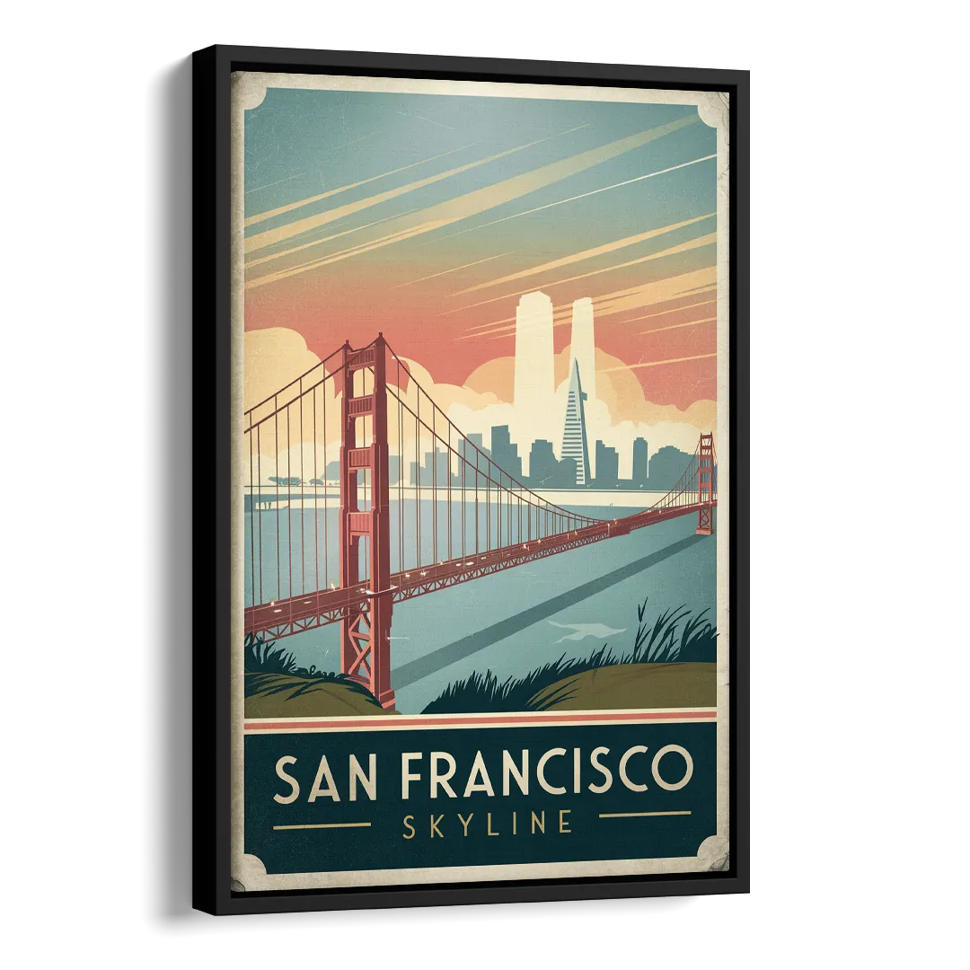 San Francisco Golden Gate Bridge Skyline Side - Black Canvas Wall Art